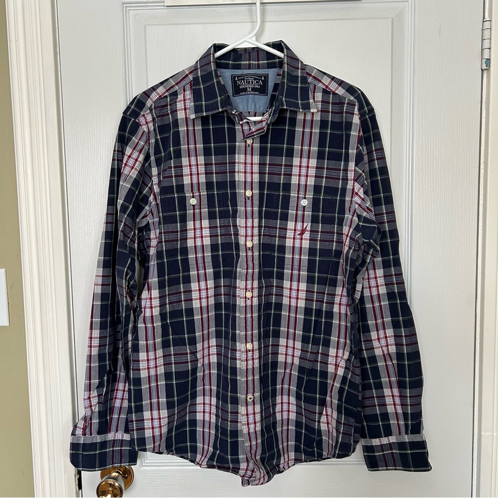 Nautica Men's Plaid Shirt - Navy and Red 100% Cotton Medium